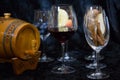 Wine glases, aromatic barrel, cinnamon, tasting Royalty Free Stock Photo