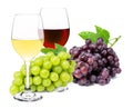 Red and white wine in wine glass with ripe grapes isolated on white. Royalty Free Stock Photo