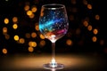 Wine glass with abstract bokeh lights on a dark background, party concept. Generative AI Royalty Free Stock Photo
