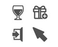 Wine glass, Add gift and Exit icons. Mouse cursor sign. Cabernet wineglass, Present box, Escape. Click arrow. Vector