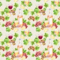 Wine glass, bottle, cheese, leaves, grape. Seamless background. Watercolor Royalty Free Stock Photo