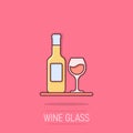 Wine glass and bottle icon in comic style. Champagne beverage cartoon vector illustration on isolated background. Cocktail drink Royalty Free Stock Photo