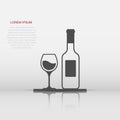 Wine glass and bottle icon in flat style. Champagne beverage vector illustration on isolated background. Cocktail drink sign Royalty Free Stock Photo