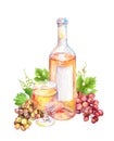 Wine glass, bottle of pink wine with vine leaves and grape berries. Watercolor Royalty Free Stock Photo