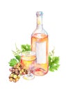 Wine glass, bottle of white wine with vine leaves and grape berries. Watercolor Royalty Free Stock Photo