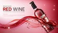 Wine glass bottles in flowing red liquid realistic