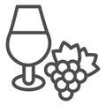 Wine glass and a bunch of grapes line icon. Full wineglass and grape with leaf outline style pictogram on white Royalty Free Stock Photo