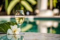 Wine glass of champagne on blurred lounge area view background
