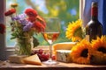 wine glass, cheese assortment, and flowers on a sunny day