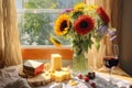 wine glass, cheese assortment, and flowers on a sunny day