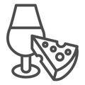 Wine glass and cheese line icon. Tasting wine with cheese appetizer outline style pictogram on white background