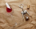 Wine glass, cork and corkscrew