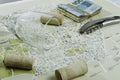 Wine glass and corks on map for route planning.Brazilian real notes Royalty Free Stock Photo
