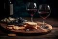 Wine glass crackers rustic board. Generate Ai