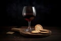 Wine glass crackers wooden board plate. Generate Ai