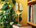 wine glass in front of books, light yellow and white, detailed foliage