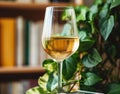 wine glass in front of books, light yellow and white, detailed foliage