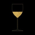 Wine glass gold outline. Festive drink, champagne, drink with bubbles. Glowing yellow liquid in glass. Vector