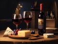 Wine, glass, grapes, pieces of cheese on a wooden board. Generative AI.