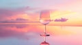 Wine glass reflecting sunset over water, ai generated Royalty Free Stock Photo