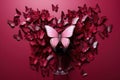 A wine glass with a pink butterfly on it. Generative AI image. Royalty Free Stock Photo