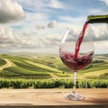 Wine glass with pouring red wine and vineyard landscape in sunny day. Winemaking concept, copy space Royalty Free Stock Photo