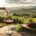 Wine glass with pouring red wine and vineyard landscape in sunny day. Winemaking concept, copy space Royalty Free Stock Photo