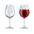 Wine glass realistic. 3d empty glassware and with half filled red wine. Alcoholic drink in elegant transparent wineglass. Grape