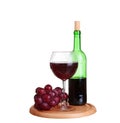 wine glass with red wine, bottle of wine and grapes isolated over white background Royalty Free Stock Photo