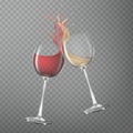 Wine glass. Red and white transparent drink, rose splash, spill liquid, two realistic wineglass goblets, alcoholic grape Royalty Free Stock Photo