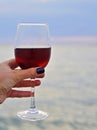 Female handd with wine glass with red wine on the beach at sunset.