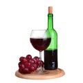 Wine glass with red wine, bottle of wine and grapes isolated over white background Royalty Free Stock Photo