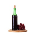 wine glass with red wine, bottle of wine and grapes isolated over white background Royalty Free Stock Photo