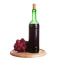 wine glass with red wine, bottle of wine and grapes isolated over white Royalty Free Stock Photo