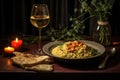 wine glass and risotto on a candlelit table