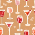 Alcohol drinks seamless pattern. Transparent wine glasses Royalty Free Stock Photo