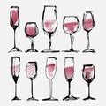 Wine glass set - collection sketched watercolor wineglasses and silhouette