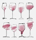 Wine glass set - collection sketched watercolor wineglasses and silhouette