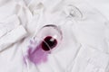 Wine glass, spilled, on a white shirt, no people, horizontal, concept, top view, Royalty Free Stock Photo