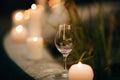 Wine glass at wedding ceremony in candlelight garden