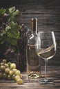 Wine glass and white wine bottle with grapes and grapevine on wooden background. Vertical format