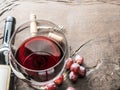 Wine glass, wine bottle and grapes on wooden background. Wine ta Royalty Free Stock Photo