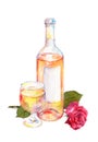 Wine glass, wine bottle with pink or white wine and red rose flower. Watercolor Royalty Free Stock Photo