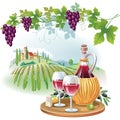 Wine glasses, bottle and grapes in vineyard Royalty Free Stock Photo