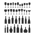 Wine glasses and bottles vector black silhouette collection icons. Royalty Free Stock Photo