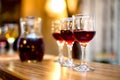 Wine glasses with carafe and champagne at dinner party