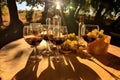 wine glasses casting shadows on a sunlit vineyard picnic