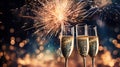 Wine glasses for champagne with Sparkling drink, set against a background of fireworks in the nighttime sky. A New Year\'s Royalty Free Stock Photo