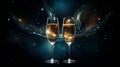 Wine glasses champagne toast with space galaxy background, amazing night starry background, dark turquoise and light gold,