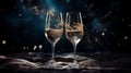 Wine glasses champagne toast with space galaxy background, amazing night starry background, dark turquoise and light gold,